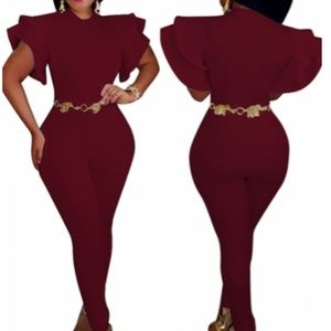 Elastic Fly Mid Ruffle Solid Skinny Pants Jumpsuit